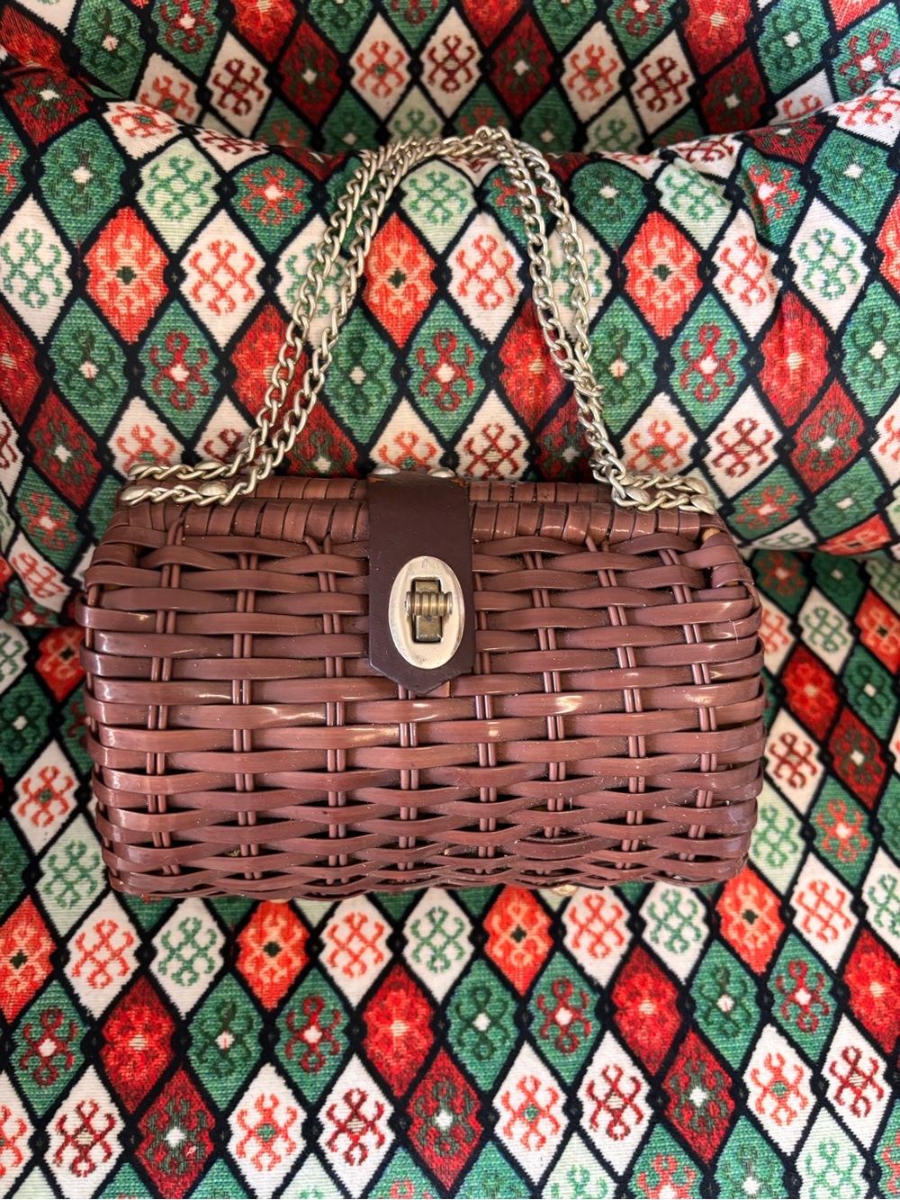 Woven Brown Crossbody Bag with Silver Chain Strap